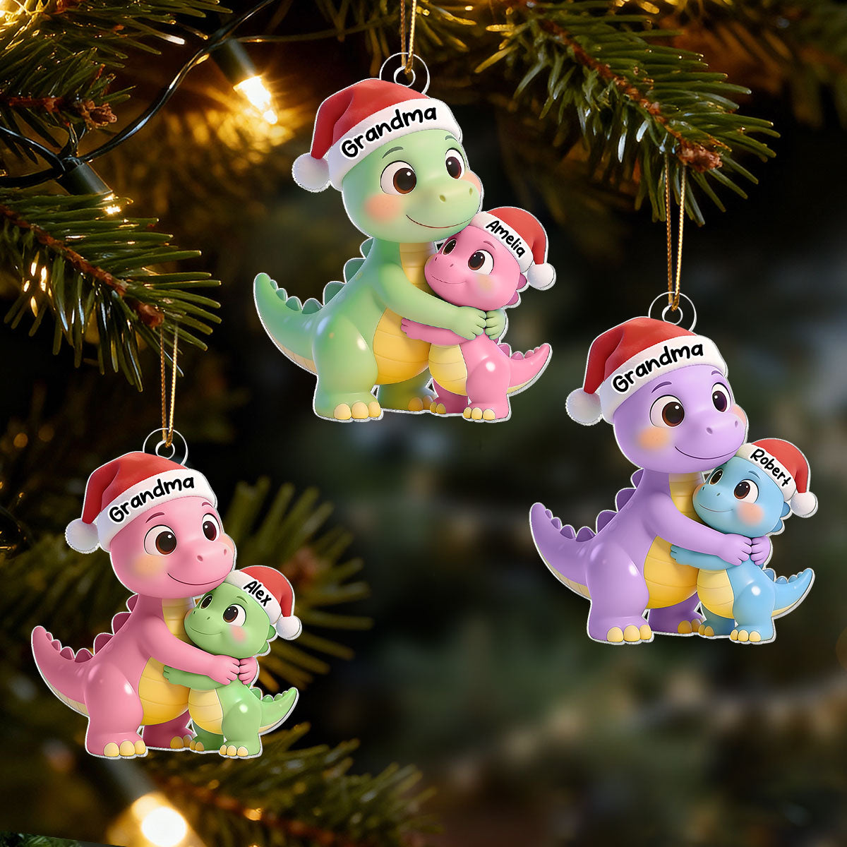 3D Effect Heartwarming Happy Grandmasaurus With Dinosaur Grandkid - Personalized Acrylic Ornament - Gift For Grandkids