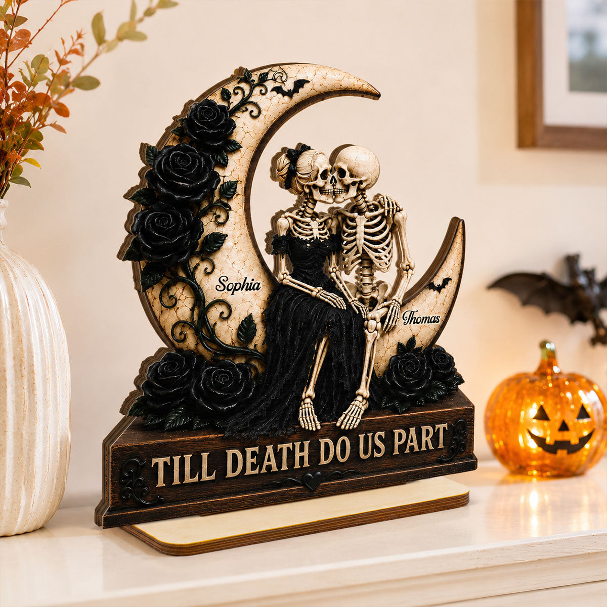 Till Death Do Us Part Skeleton Couple On Moon 2D Flat - Personalized 2-Layered Wooden Plaque - Halloween Decor For Couple