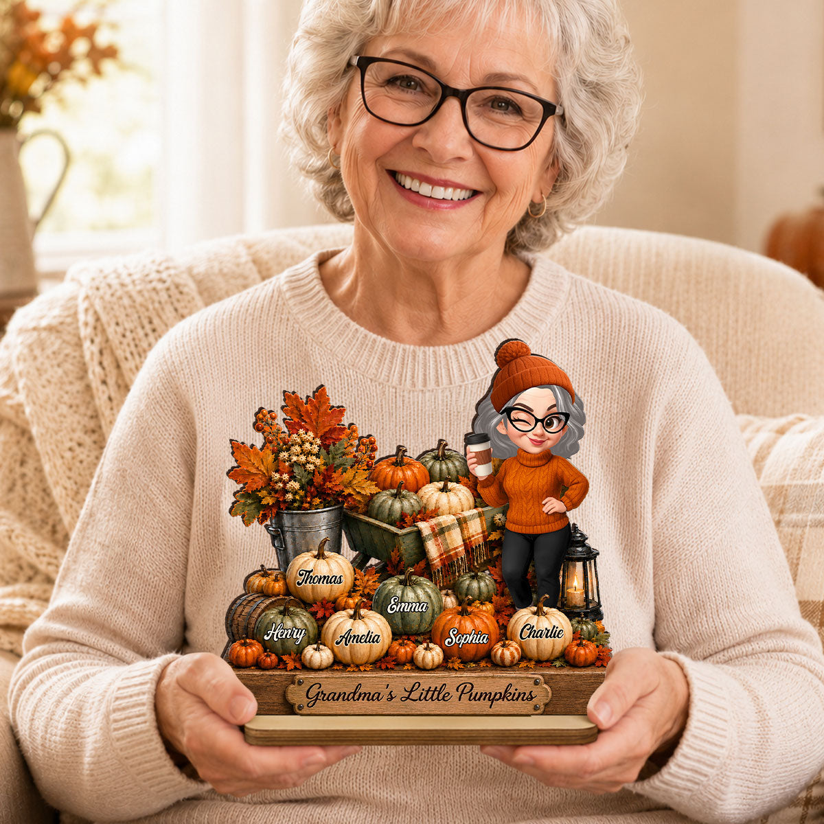 Pumpkin Wheelbarrow Grandma Grandkids - Personalized 2-Layered Wooden Plaque - Fall Season Decor Gift, Gift For Grandma