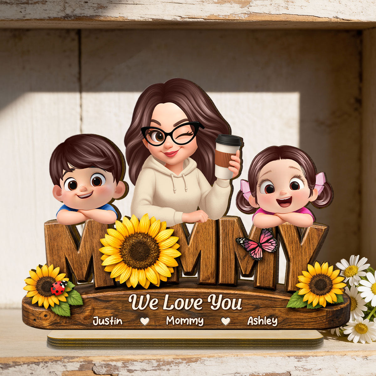 Mommy We Love You Sunflower Pattern - Personalized 2-Layered Wooden Plaque - Heartfelt Mother's Day Gift for Mom, Wife, Farmhouse Decor