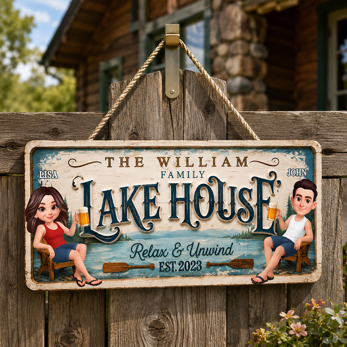 Family Lake House Relax & Unwind - Personalized Wood Sign - Gift For Couple, Family, Summer Decorations