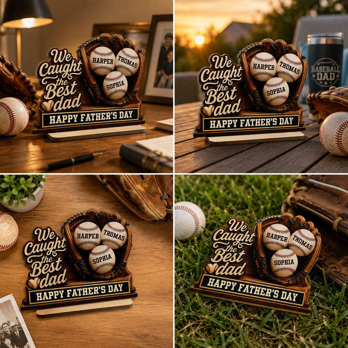 We Caught The Best Dad Baseball In Glove - Personalized 2-Layered Wooden Plaque - Happy  For Baseball Dad