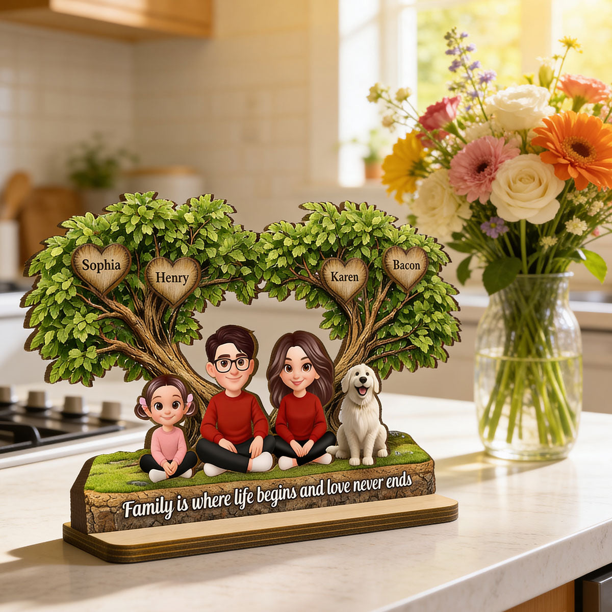 Family Is Where Love Never Ends - Personalized 2-Layered Wooden Plaque - Heartfelt Gift For Mom, Grandma
