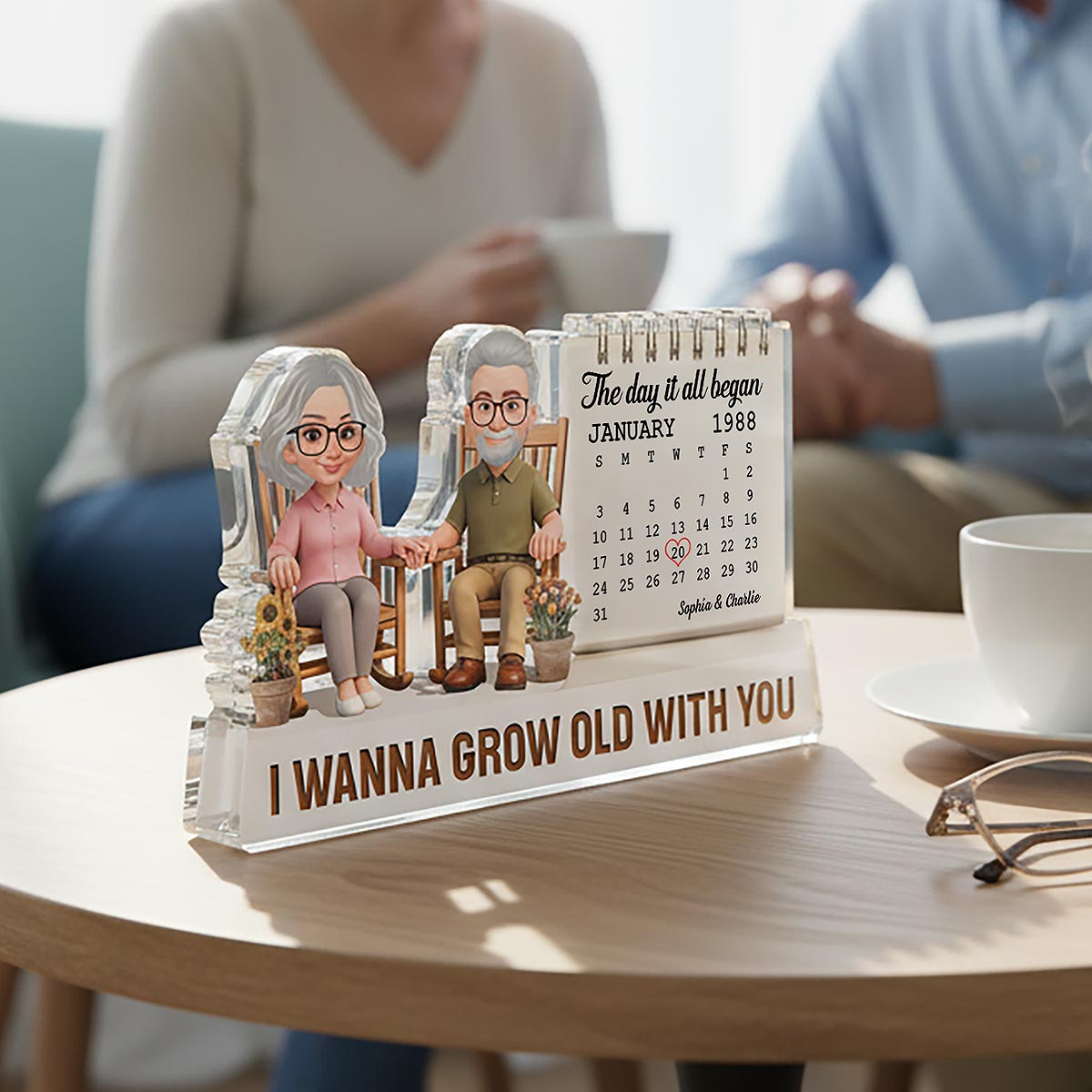 Old Couple Sitting On Rocking Chair Anniversary Date Calendar 2D Flat - Personalized Acrylic Block Plaque