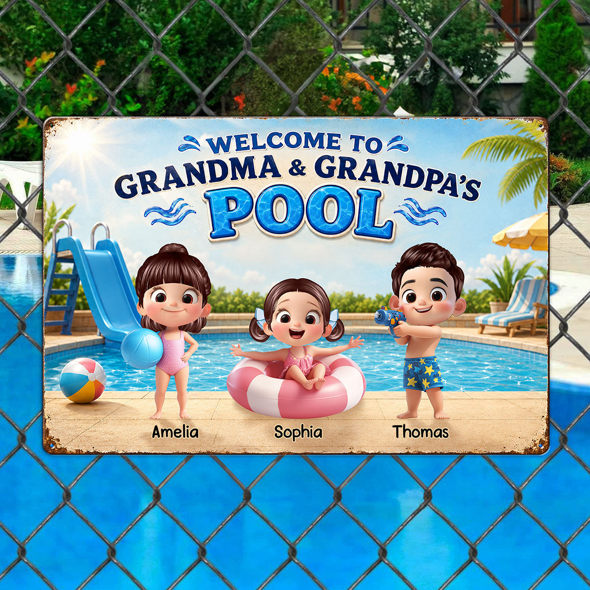 Welcome to Grandma Grandpa's Pool - Personalized Metal Sign - Summer Decor Gift for Grandparents