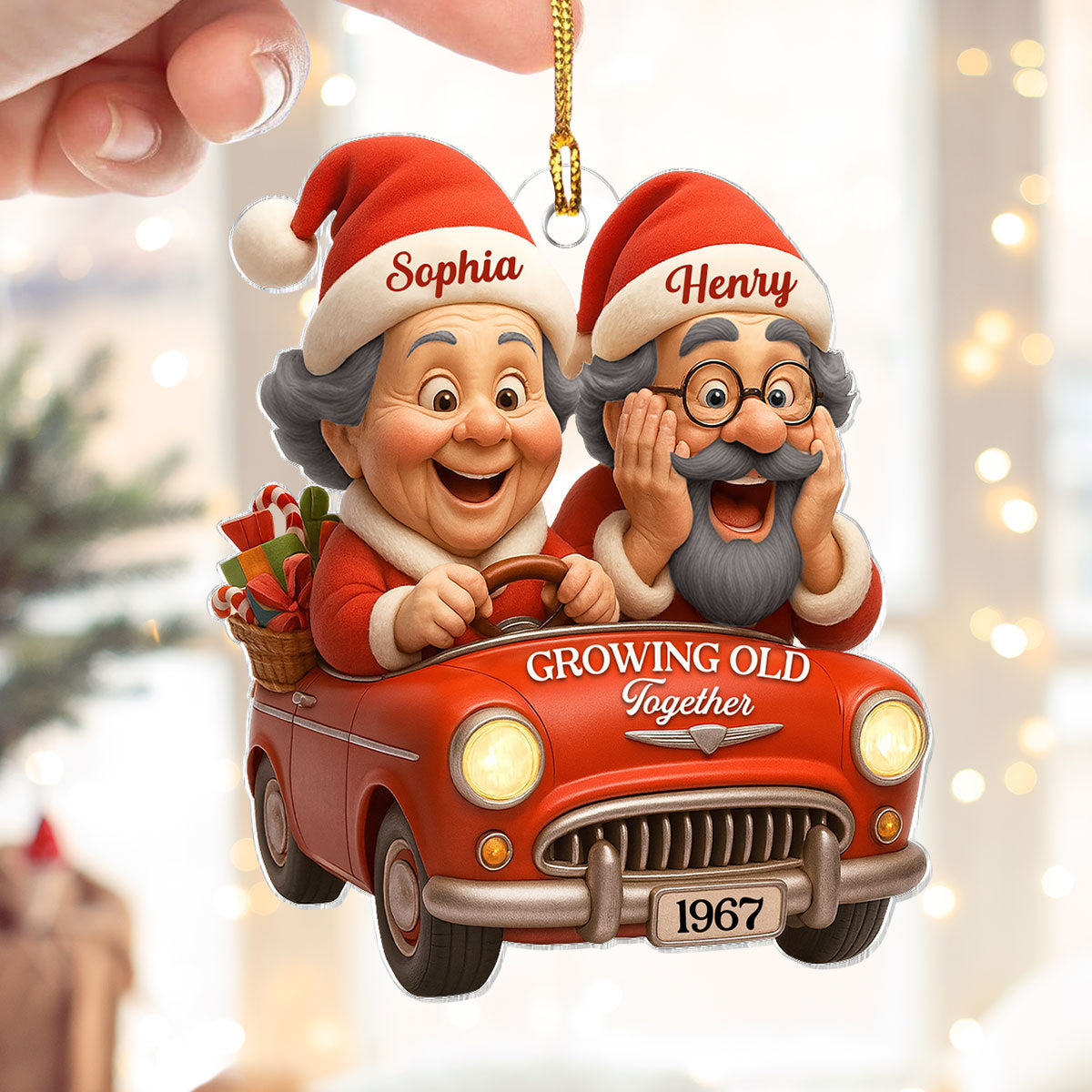 Old Couple In Santa Car - Personalized Acrylic Ornament - Unique Christmas Gift For Him, For Her, For Couple