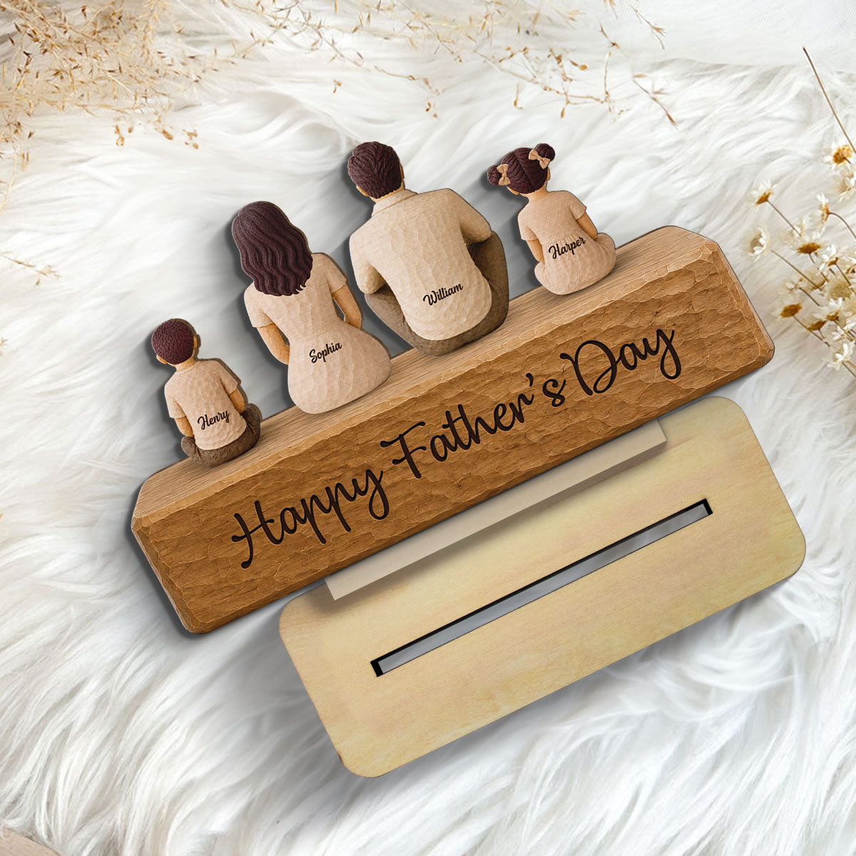 Family Sitting Back View 2D Flat Printed - Personalized 2-Layered Wooden Plaque - Gift For Dad, Gift For Husband, Gift For Grandpa