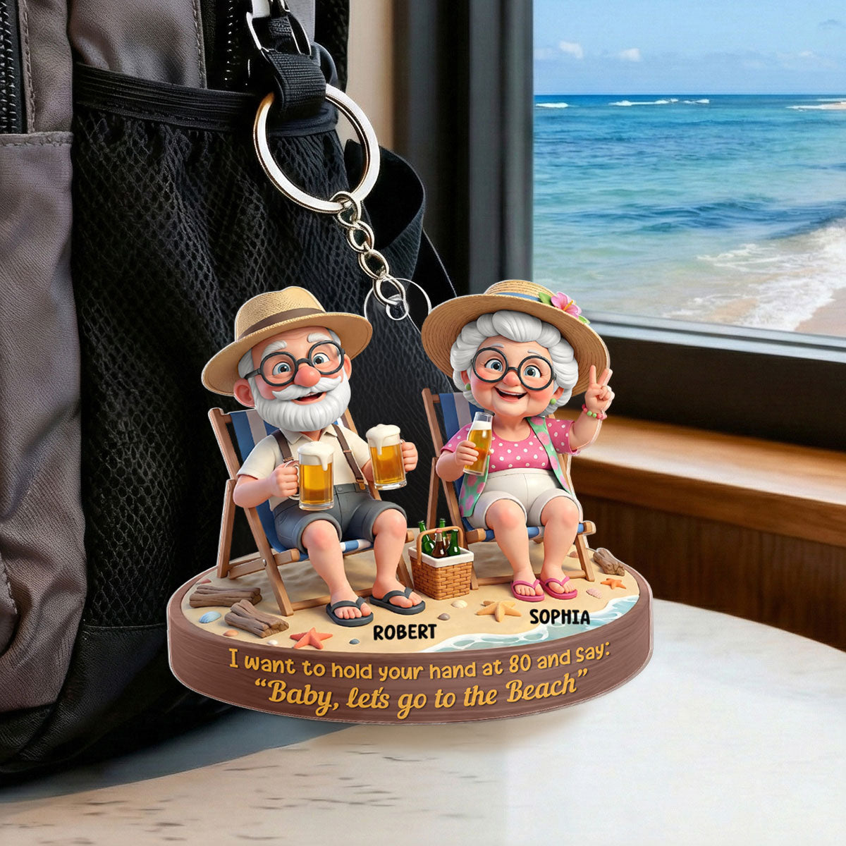 3D Effect Old Couple Baby Let's Go to the Beach  - Personalized Acrylic Keychain - Sentimental Gift for him, for her