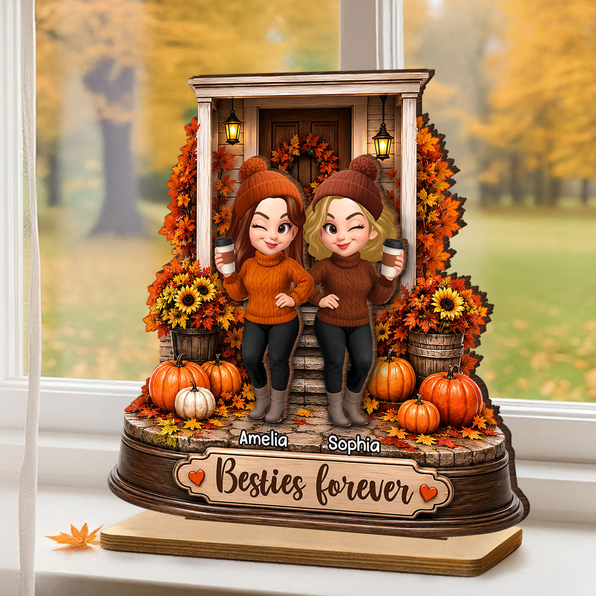 Besties Forever Front Porch Memories - Personalized 2-Layered Wooden Plaque - Fall Season Gift For Besties