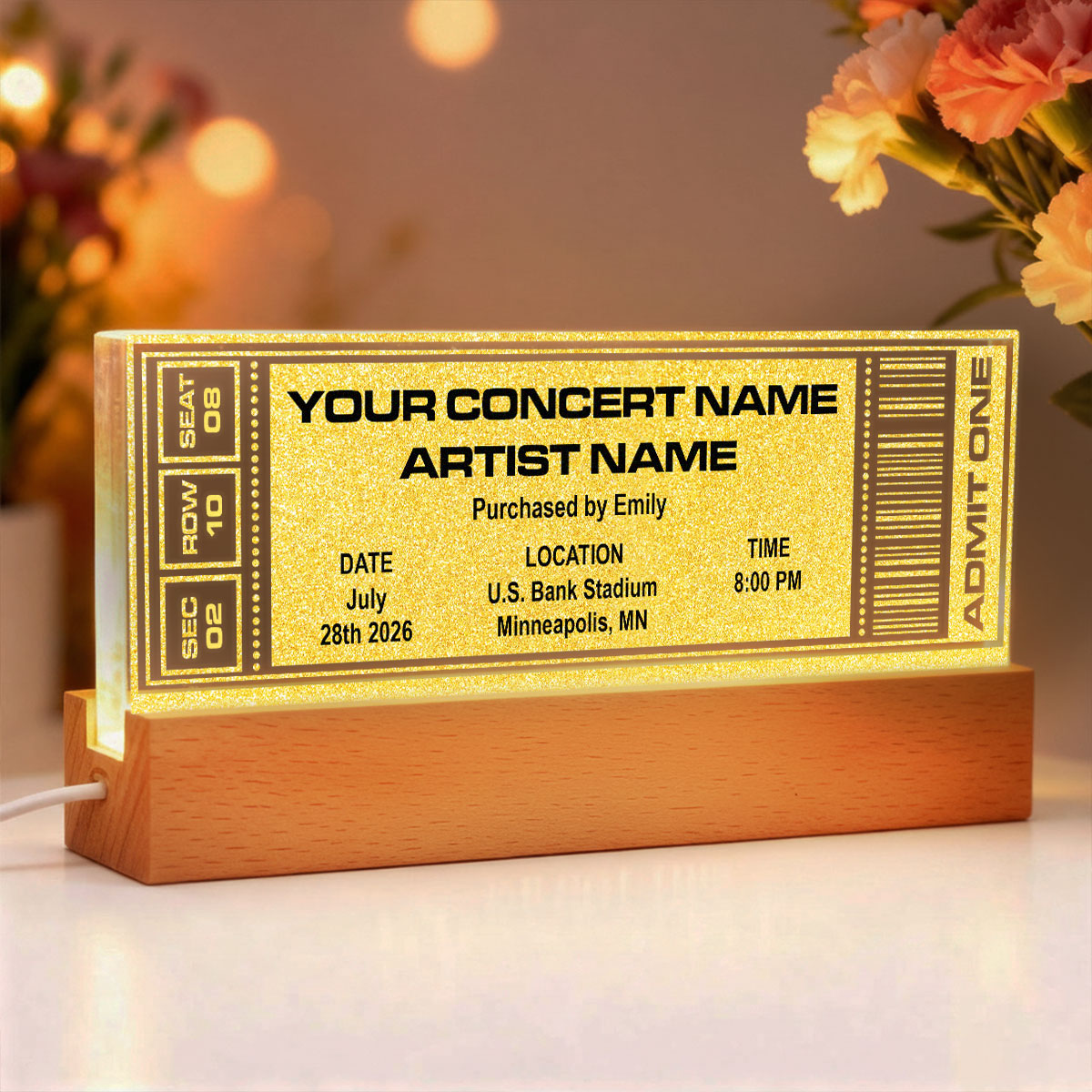 Custom Favorite Music Concert Photo Ticket - Personalized Acrylic Block LED Night Light - Valentine's Day Gift for her, for him