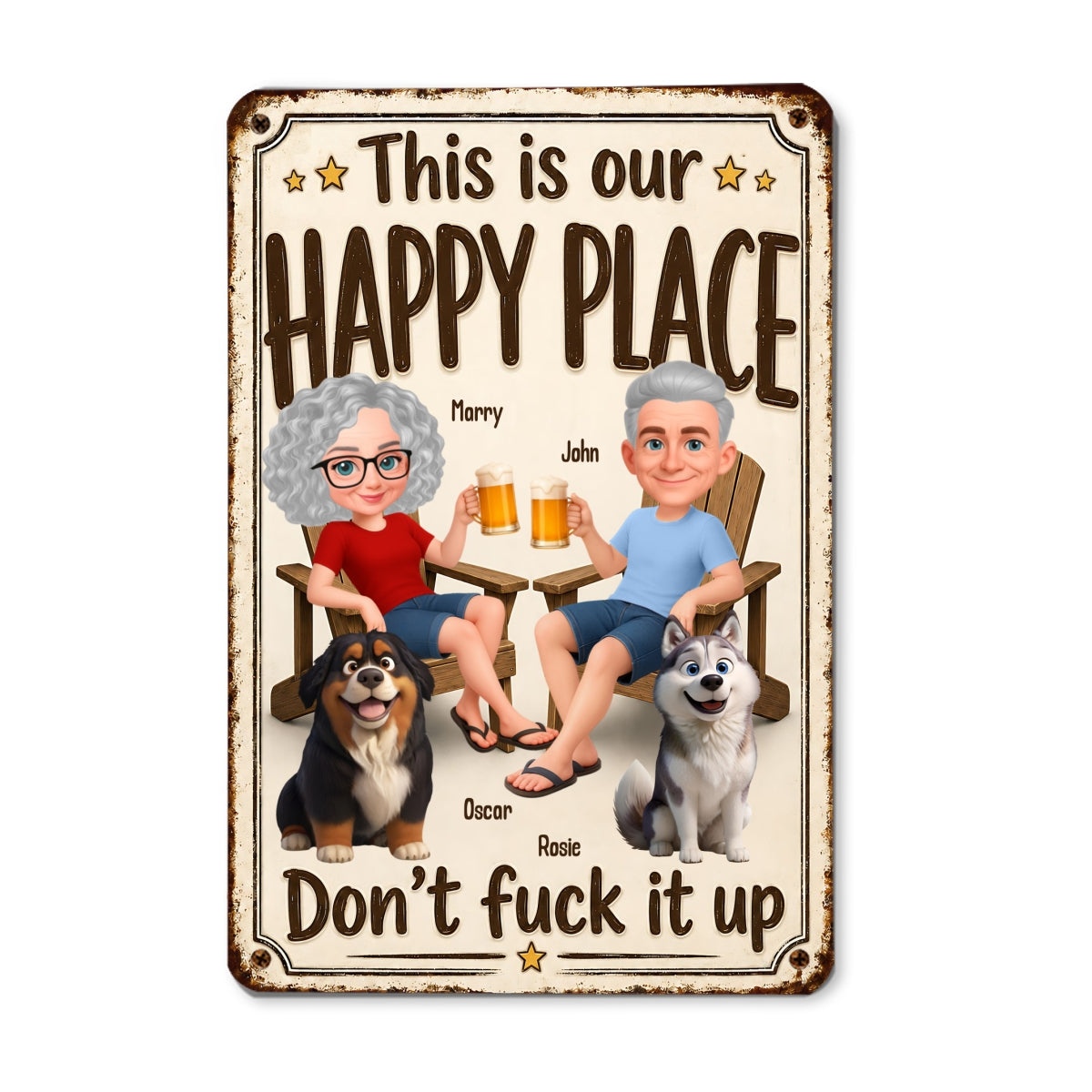 This is Our Happy Place Couple and Dogs - Personalized Metal Sign - Funny Vintage Sign for Couple