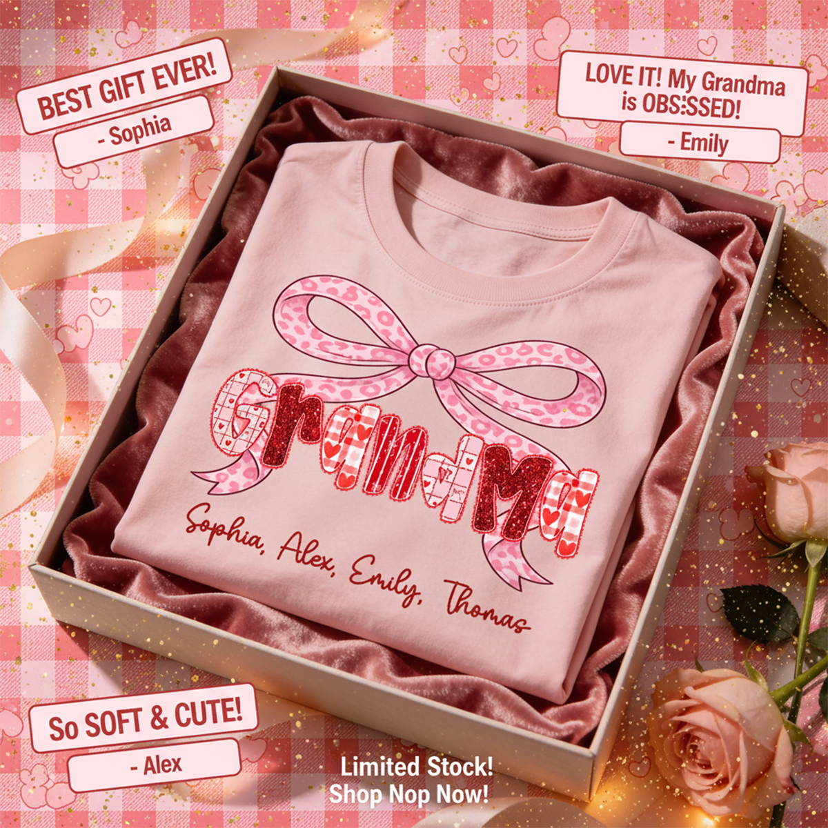 Preppy Valentine Pattern Grandma Mom Nana With Kids Name - Personalized Shirt - Valentine's Day Gift For Grandma