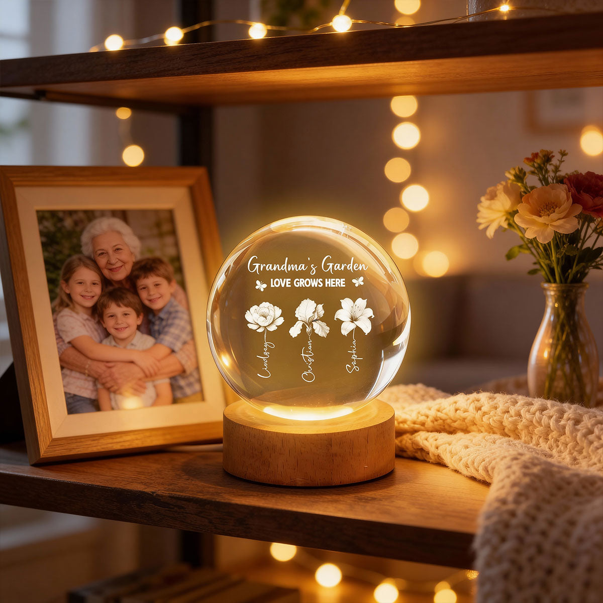 Grandma's Garden 3D Effect Birth Month Flowers - Personalized Crystal Ball LED Night Light