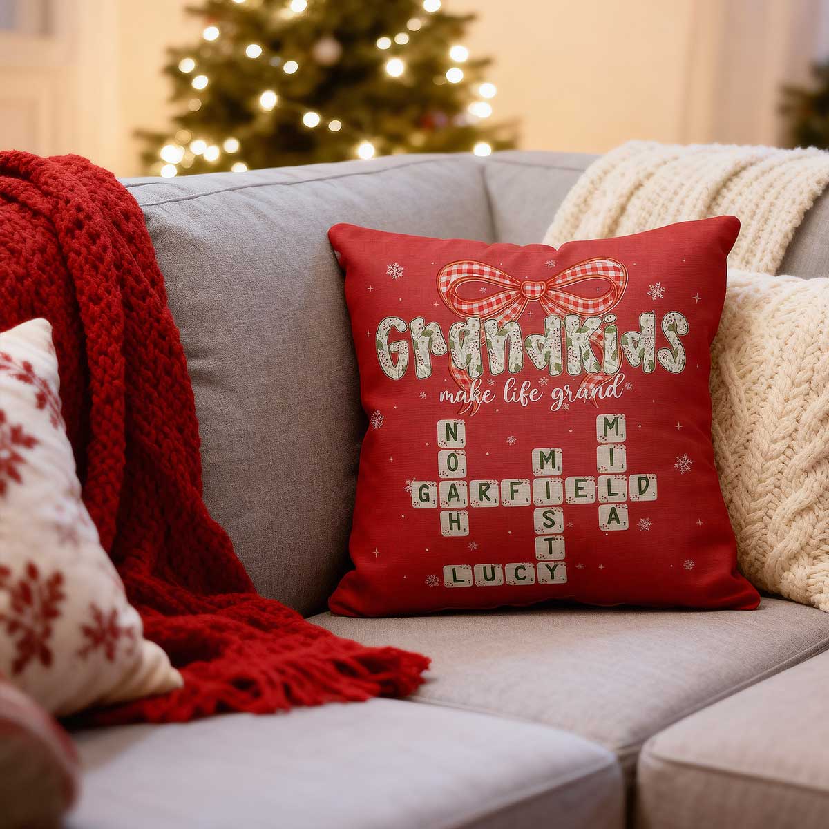 Grandkids Make Life Grand Coquette Floral Christmas Pattern Crossword Puzzle Art - Personalized Pillow