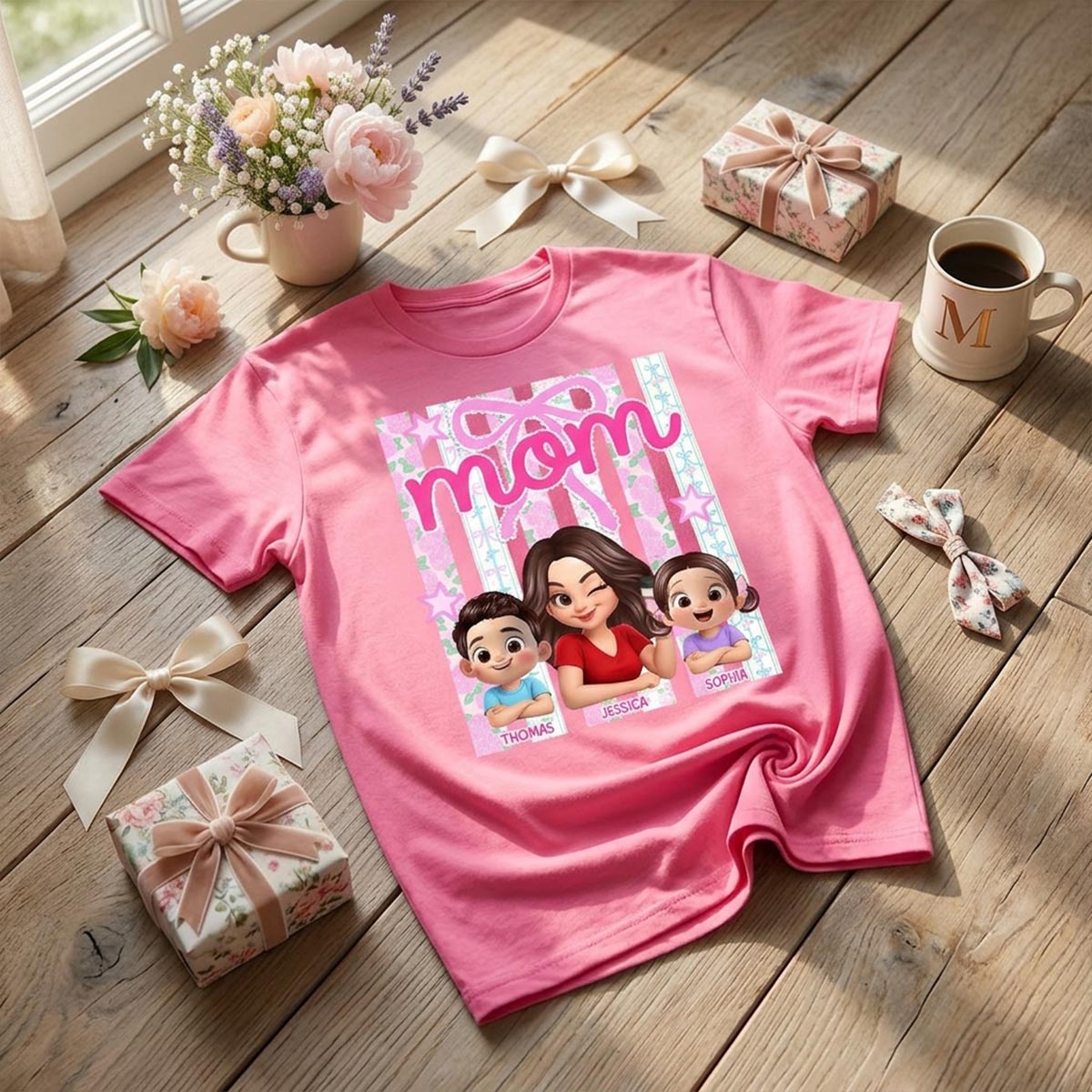 Mom Grandma Striped Coquette Floral - Personalized Shirt - Mother's Day Gift For Mom Grandma