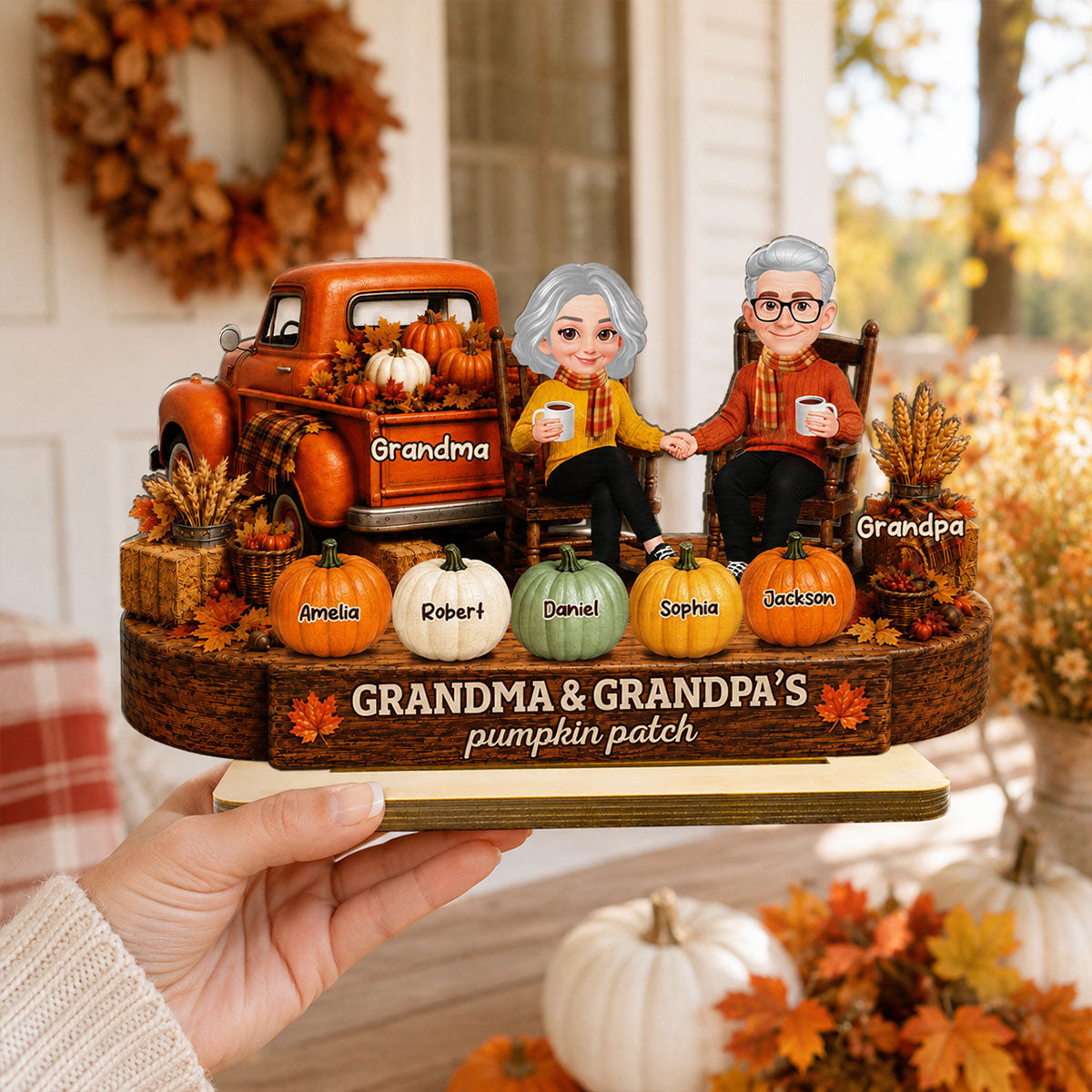 Fall Season Pumpkin Truck Grandma Grandpa Pumpkin Patch - Personalized 2-Layered Wooden Plaque - Fall Decor For Grandparents