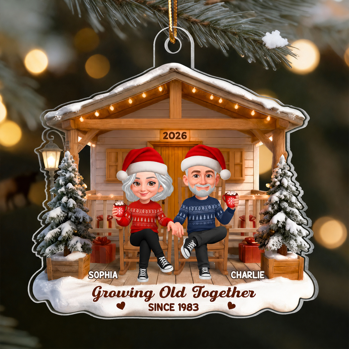 3D Effect Nostalgia Eternal Love Couple On Front Porch - Personalized Acrylic Ornament - Gift For Couple, For Him, For Her, Farmhouse Decor