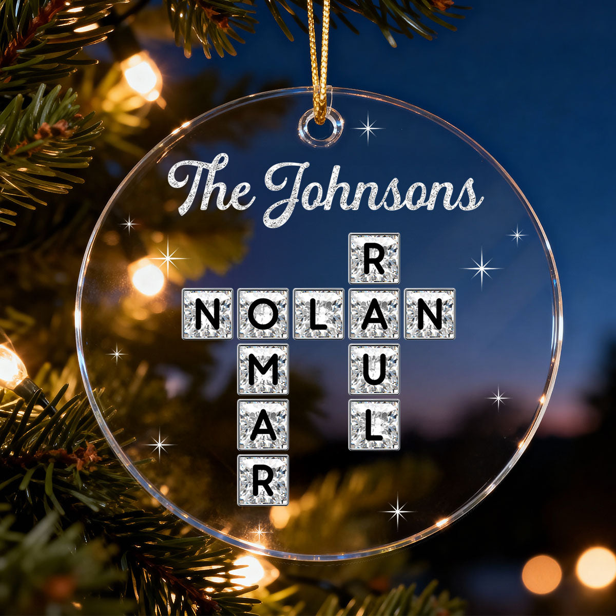3D Shining Effect The Family Crossword Puzzle Art - Personalized Acrylic Ornament - Christmas Gift For Family, Matching Ornaments For Family