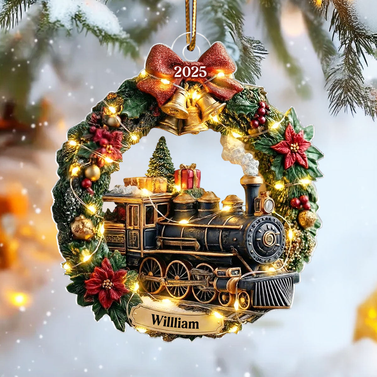 Christmas Train Family Keepsake Wreath - Personalized Acrylic Ornament - Christmas Gift For Kid, Family