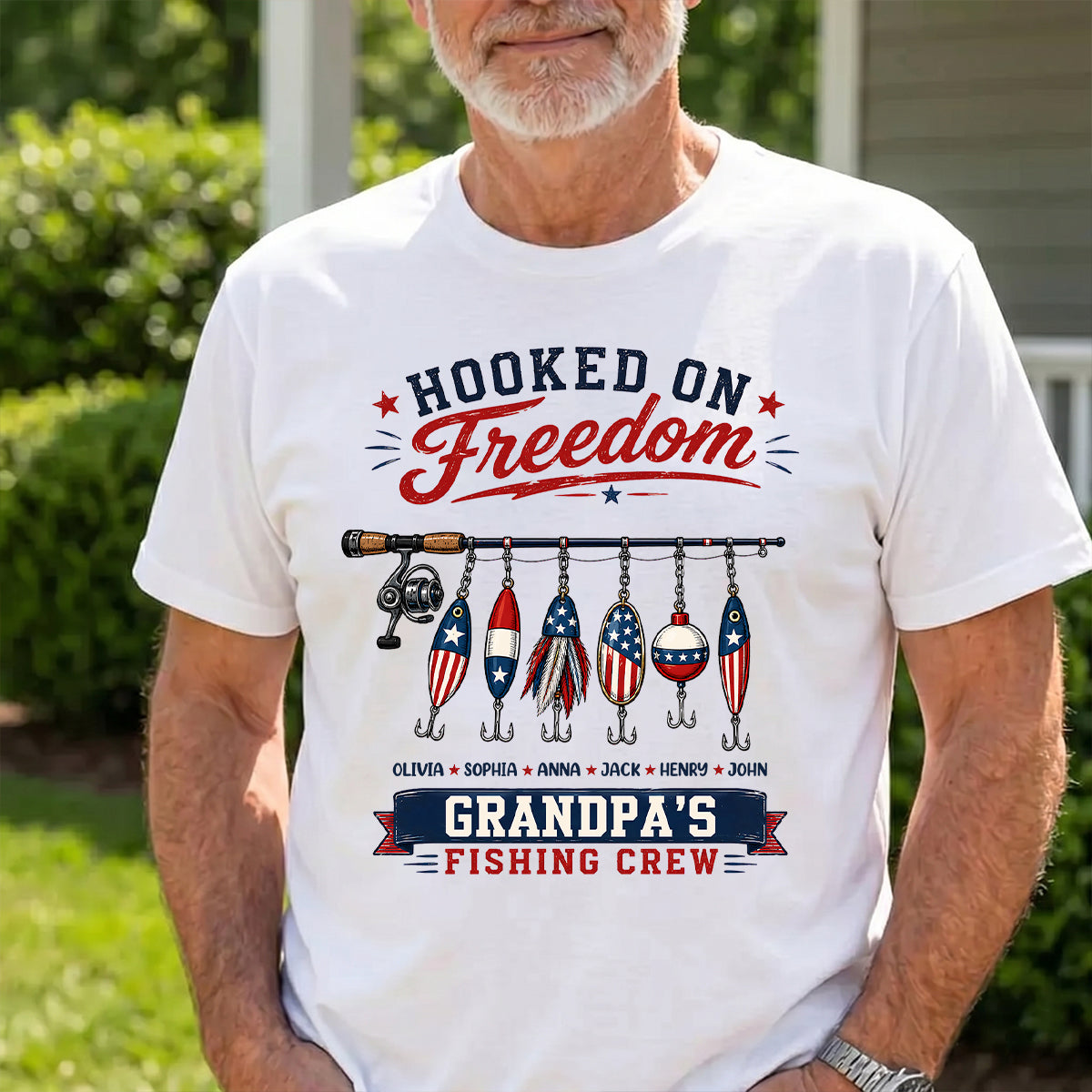 Fishing Grandpa Hooked on Freedom - Personalized Shirt - 250th Anniversary Patriot Shirt