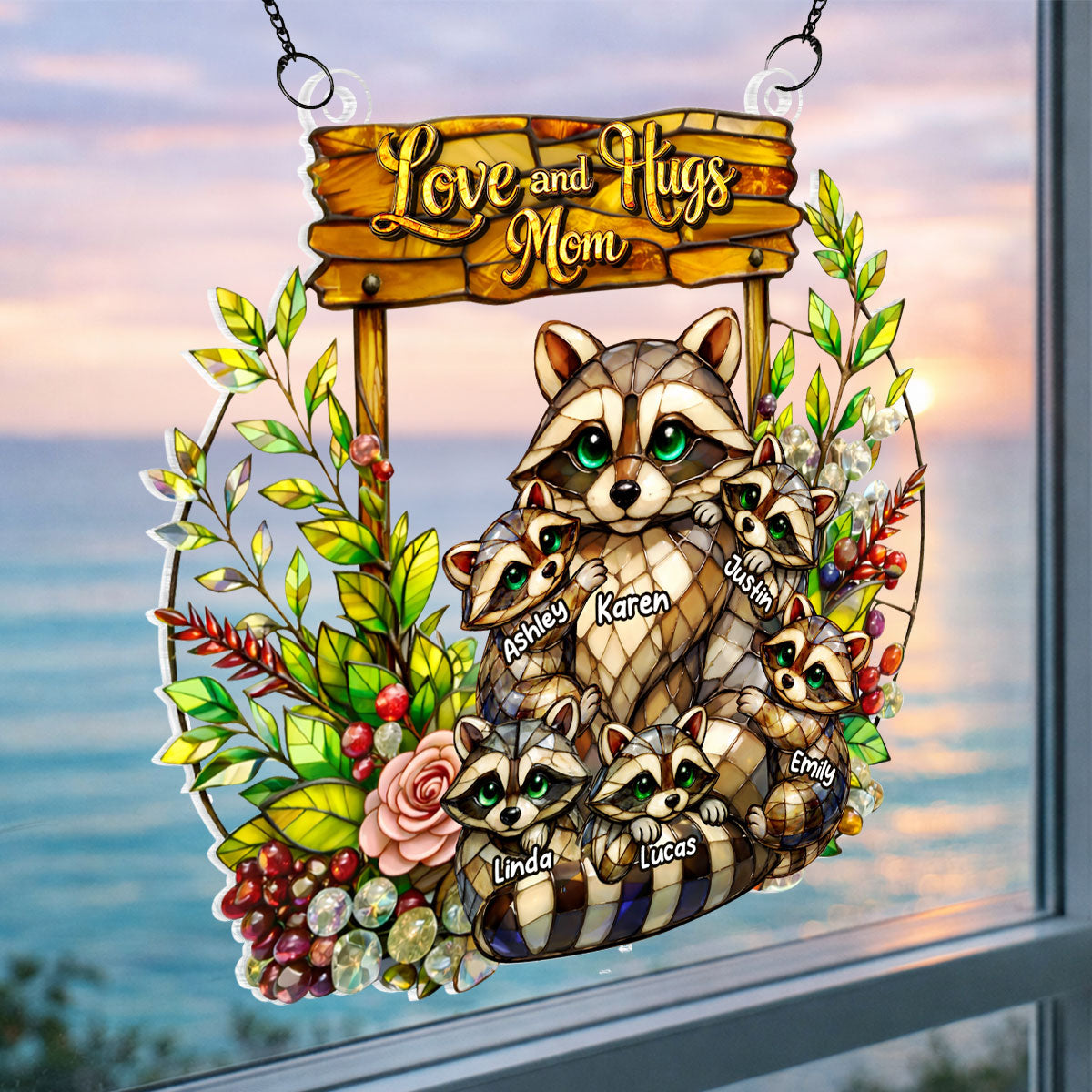 Raccoon Mom And Kids - Personalized Suncatcher - Gift For Mom, Grandma