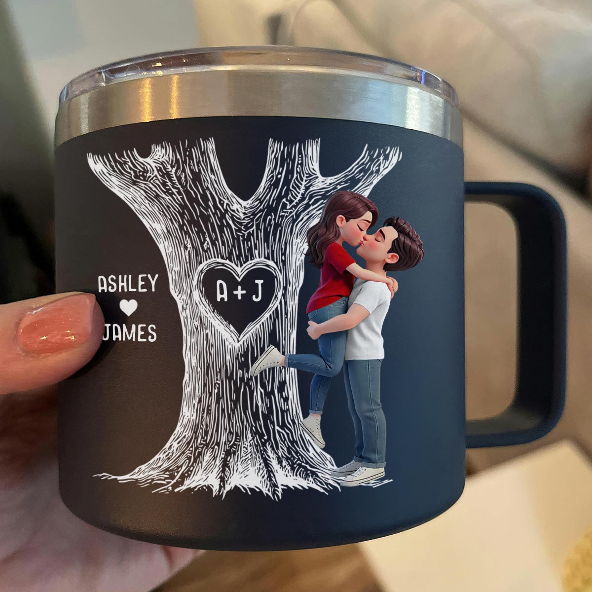 Eternal Love Couple Hugging Kissing Heart Carved Tree Of Love Initials - Personalized Tumbler With Handle - Heartfelt Valentine, Anniversary Gift For Him, For Her