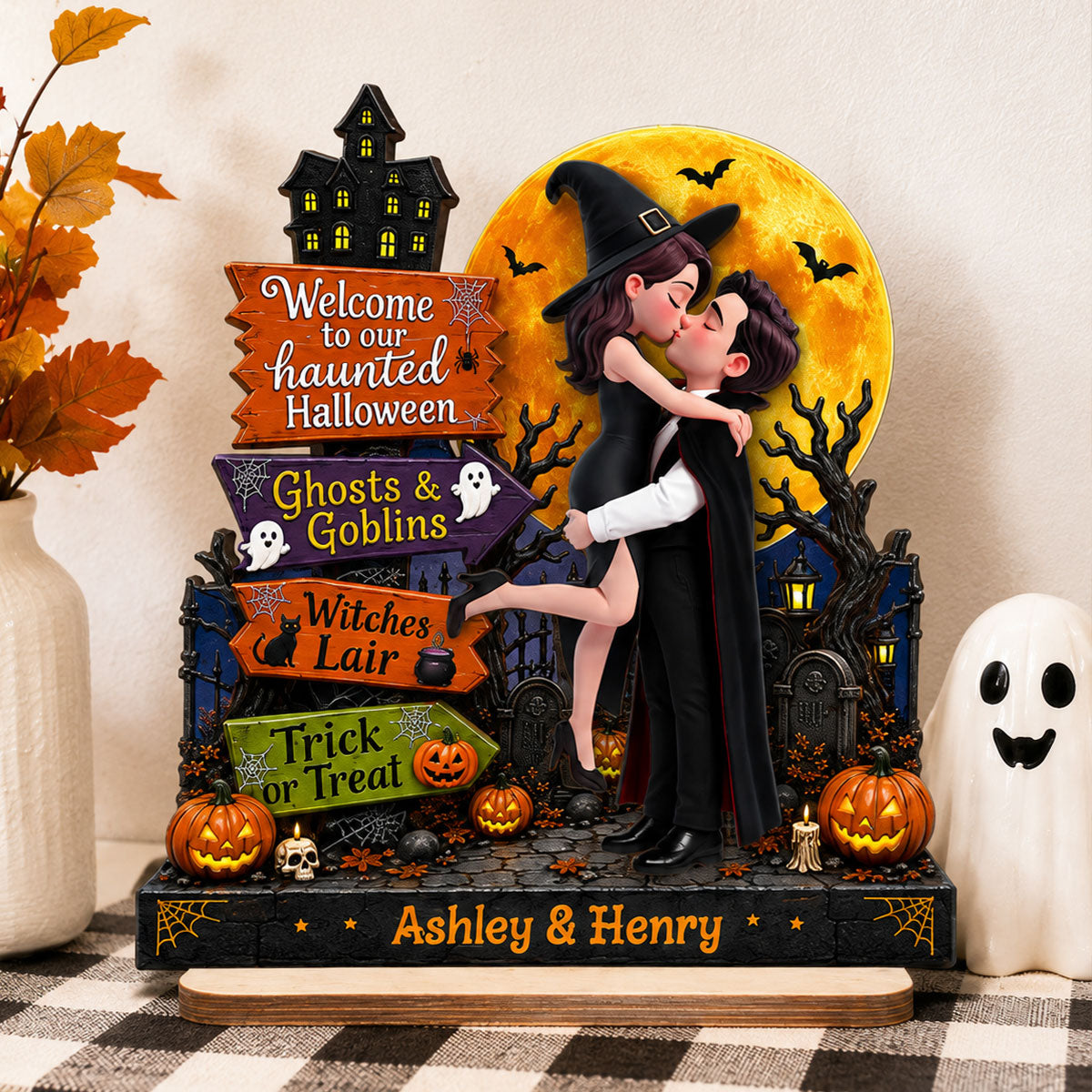 Eternal Love Couple Halloween Sign Posts - Personalized 2-Layered Wooden Plaque - Halloween Gift For Couple
