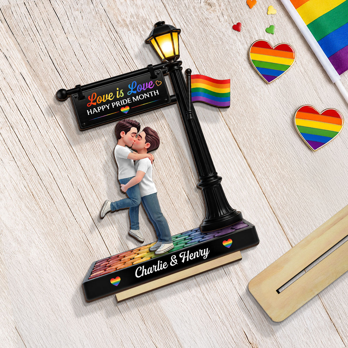 LGBT Couple Under Lamp Post - Personalized 2-Layered Wooden Plaque - Gift For Couple, Happy Pride Month