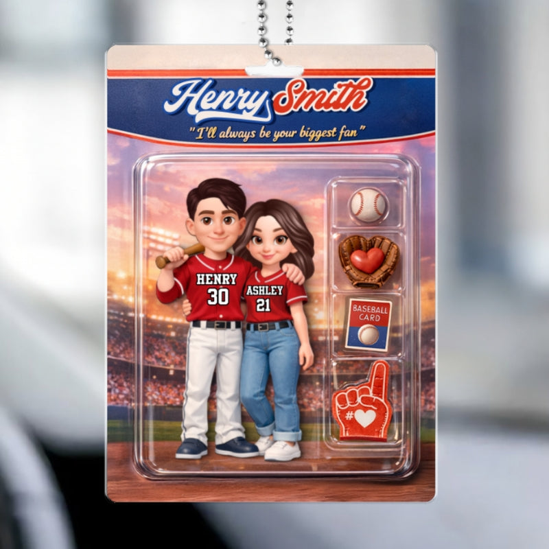 Baseball Couple I'll Always Be Your Biggest Fan Custom Action Figure - Personalized Acrylic Car Hanger - Sentimental Gift for Him