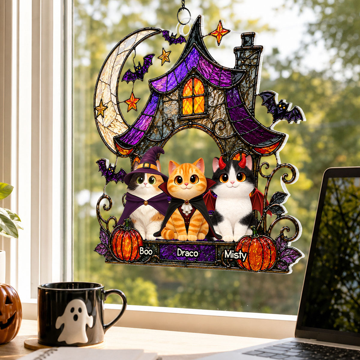 Halloween Haunted House Spooky Cats - Personalized Acrylic Window Hanging - Halloween Gift For Cat Lovers, Halloween Decor