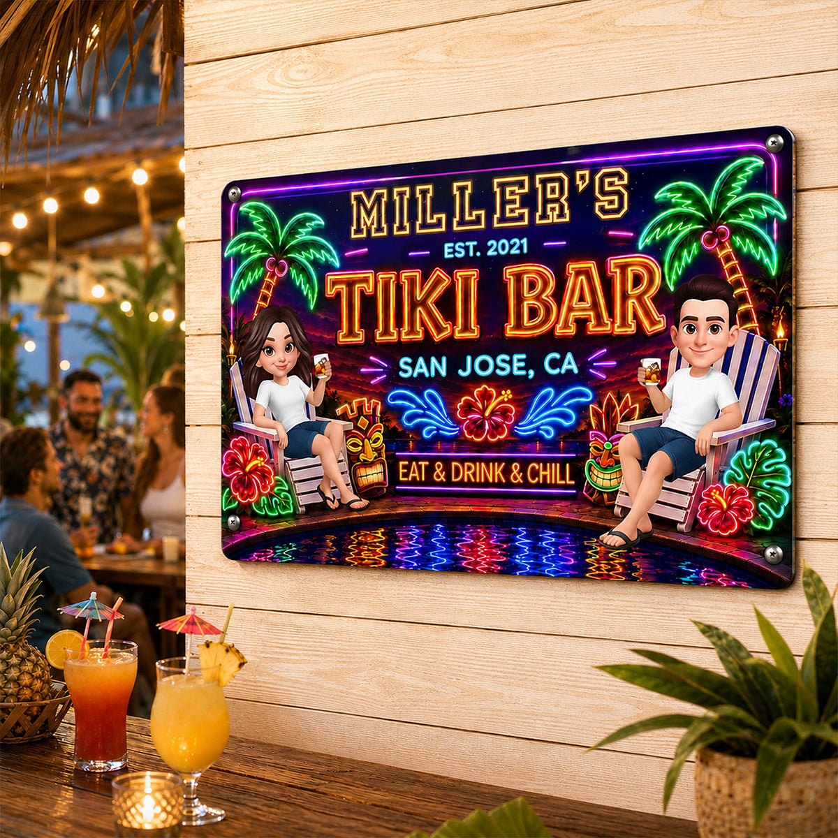 Custom Family Tiki Bar - Personalized Metal Sign - Outdoor Home Bar Decor, Eat Drink & Chill Sign, Backyard Patio Sign, New Home Gift