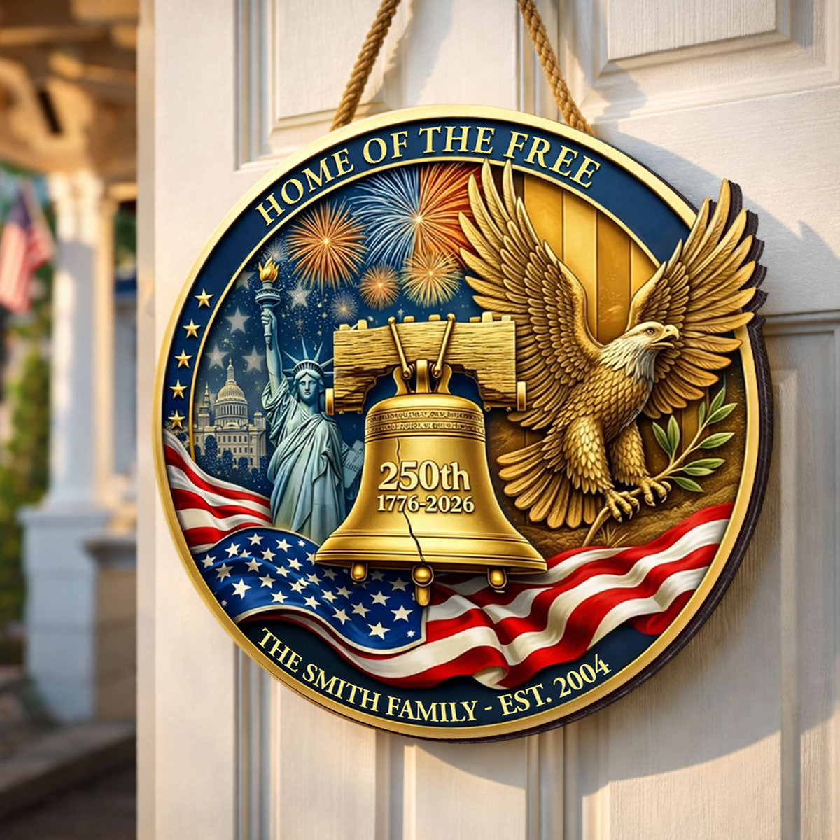 1776-2026, 250th Anniversary U.S.A - Personalized Wooden Door Sign - Custom Family Name