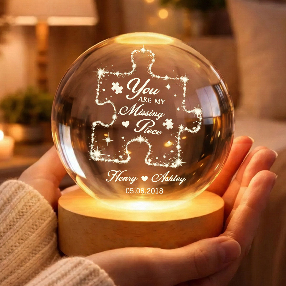 Couple You Are My Missing Piece - Personalized Crystal Ball LED Night Light - Heartfelt Anniversary Gift For Him, For Her
