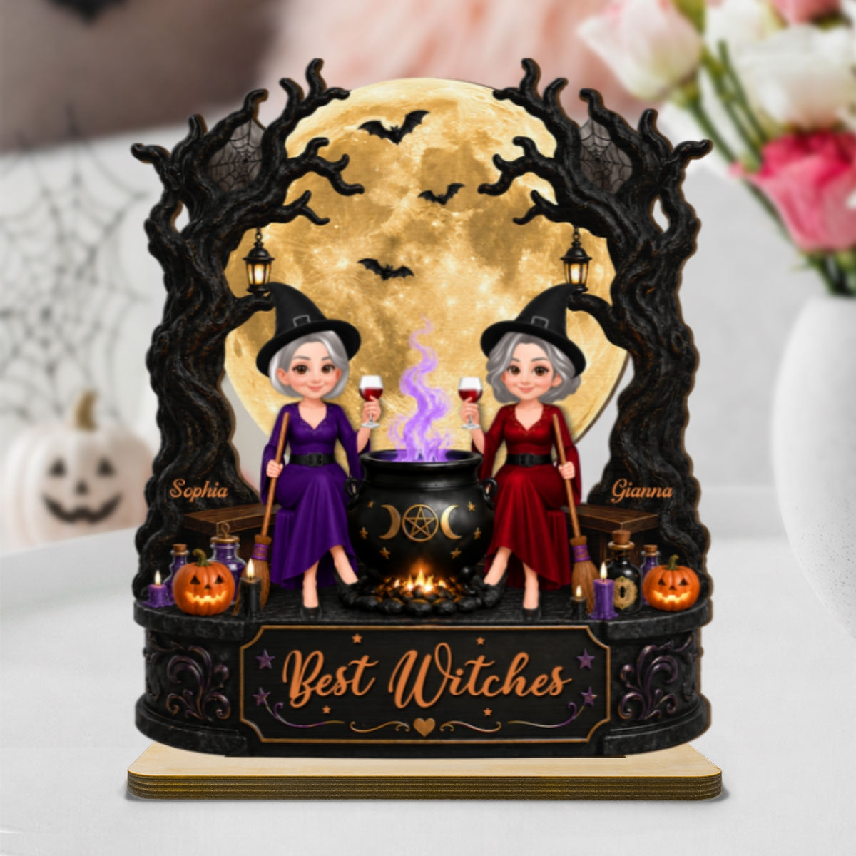 Best Witches In Moonlight 2D Flat - Personalized Wooden Plaque - Halloween Decoration