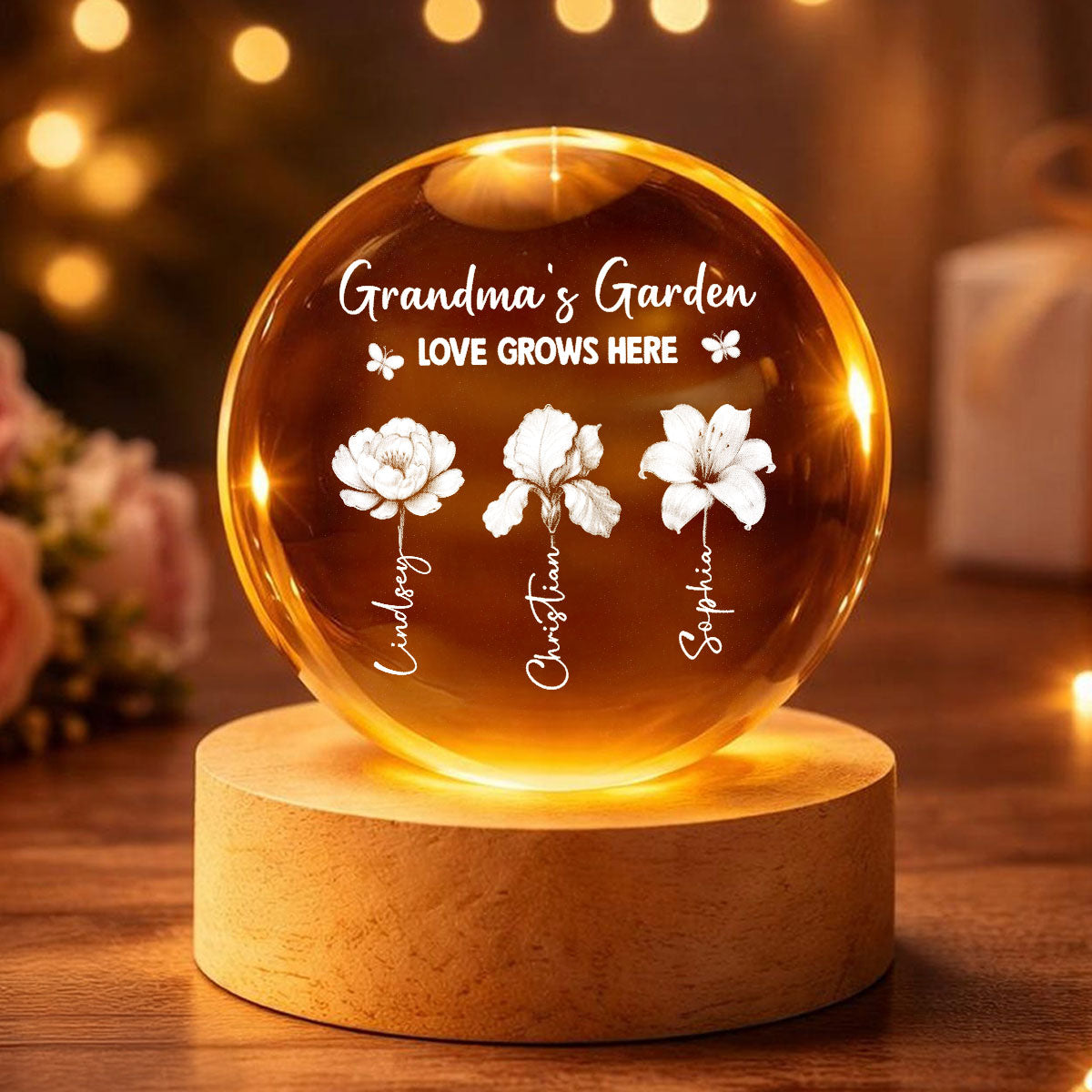 Grandma's Garden 3D Effect Birth Month Flowers - Personalized Crystal Ball LED Night Light