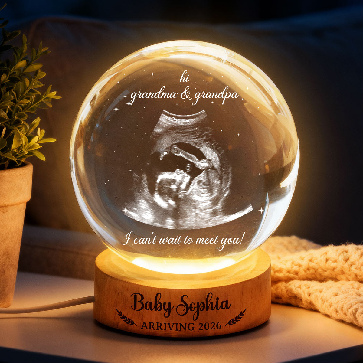 Baby Arriving Custom Baby Ultrasound - Personalized Crystal Ball LED Night Light - Pregnancy Reveal, Mother's Day Gift for 1st Time Grandma