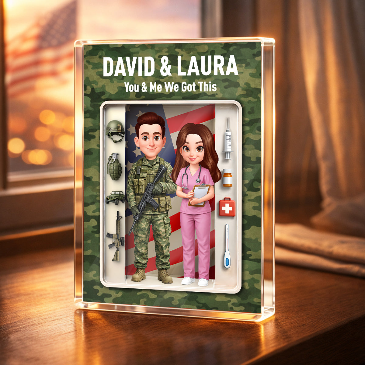 Army & Nurse Couple 3D Action Figure - Personalized Acrylic Block Plaque - Heartfelt Gift for Him, for Her