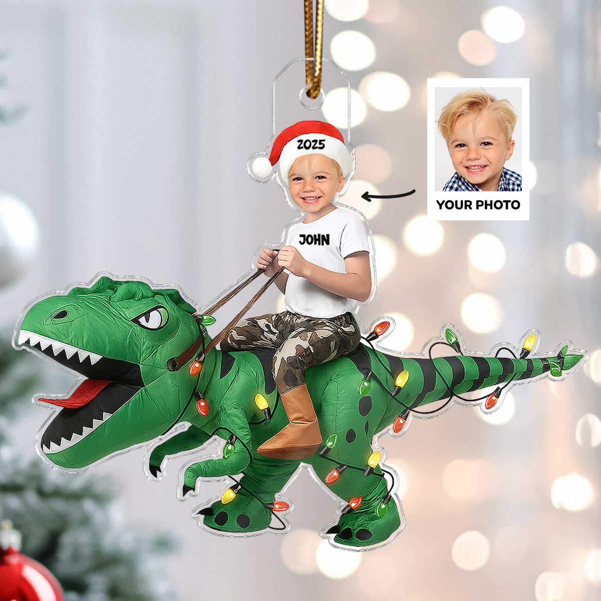 3D Effect Custom Face Kid With Dinosaur - Personalized Acrylic Ornament - Gift For Kids, Granddaughter, Grandson, Daughter, Son