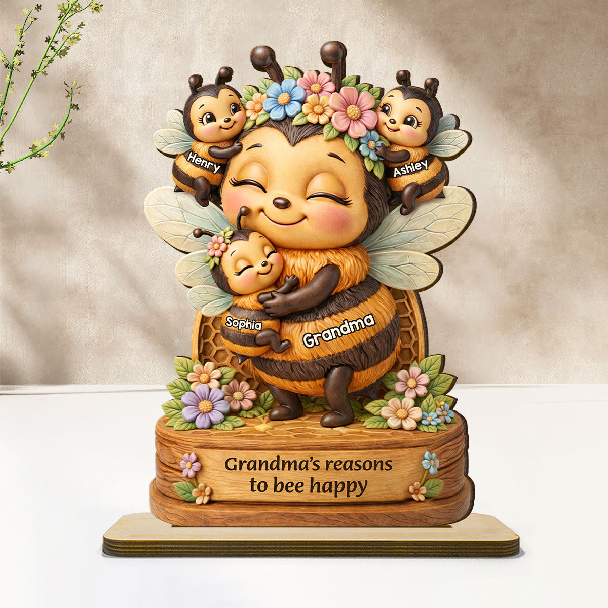 Grandma Mom's Reasons to Bee Happy - Personalized 2-Layered Wooden Plaque - Mother's Day Gift for Grandma, Mom