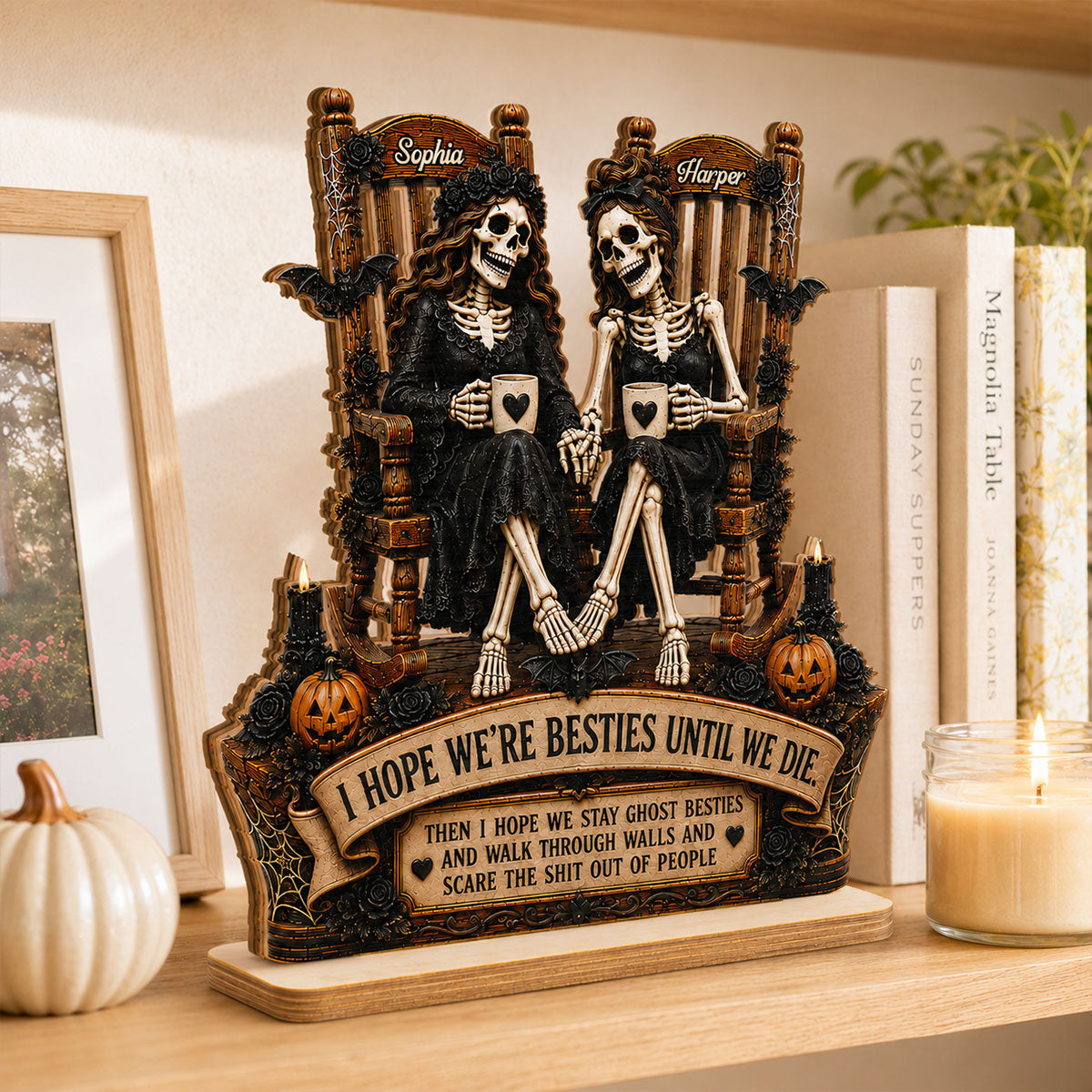 Skeleton Besties Until We Die 2D Flat - Personalized 2-Layered Wooden Plaque - Funny Work Bestie Gift, Halloween Keepsake For Best Friends