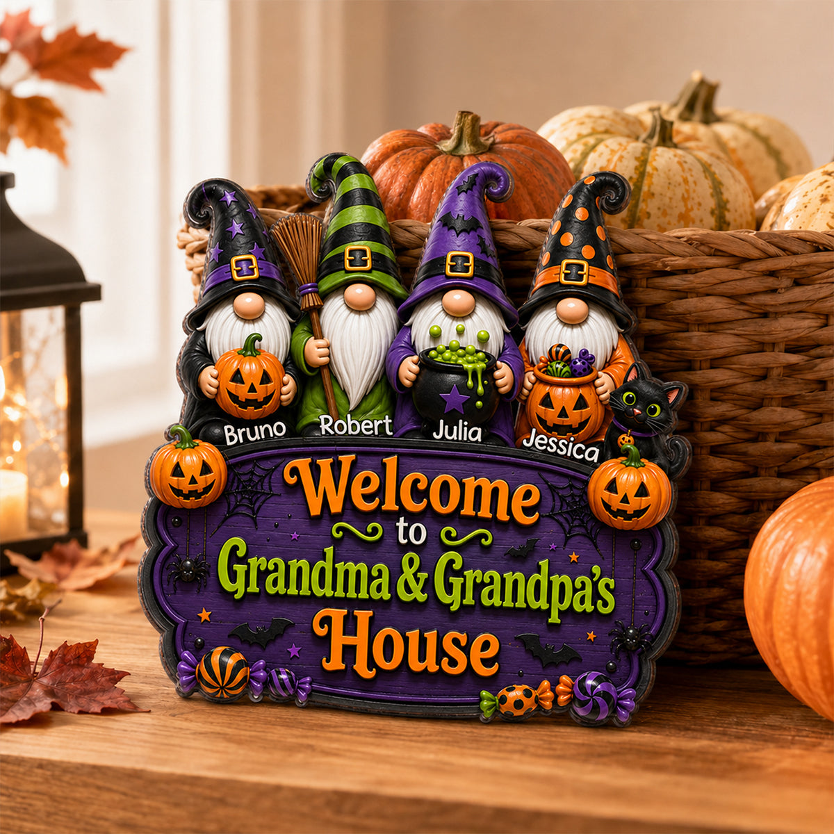 Halloween Gnome Welcome To Grandma Grandpa House - Personalized Door Sign - Halloween Decor Gift, Gift For Grandma, Grandpa