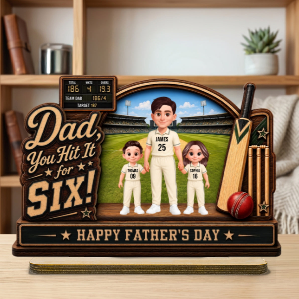 Hit A Six With The Best Dad Cricket Dad & Kids On Court - Personalised 2-Layered Wooden Plaque -  Gift For Husband, Dad