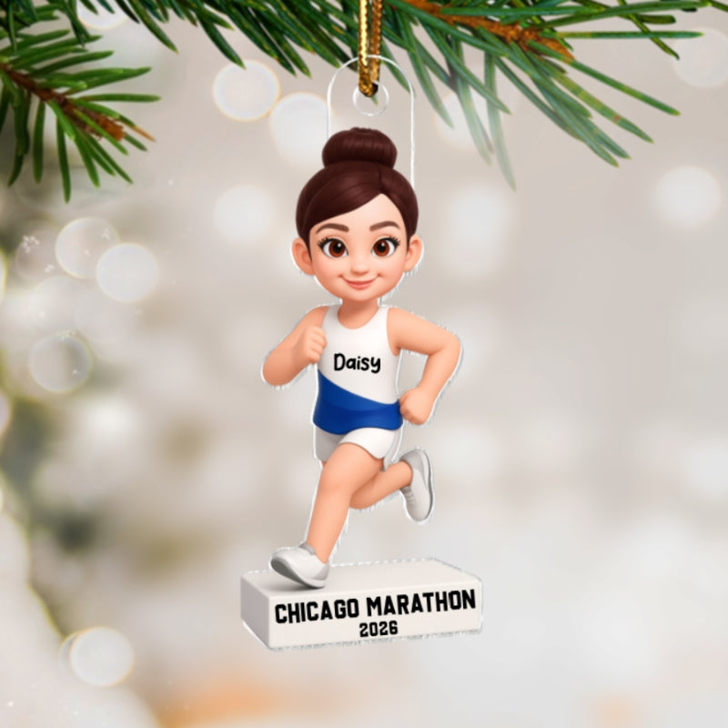 3D Effect Christmas Boy Girl Running - Personalized Acrylic Ornament - Gift For Runners, Running Lovers, Marathon Finishers, Grandson, Granddaughter