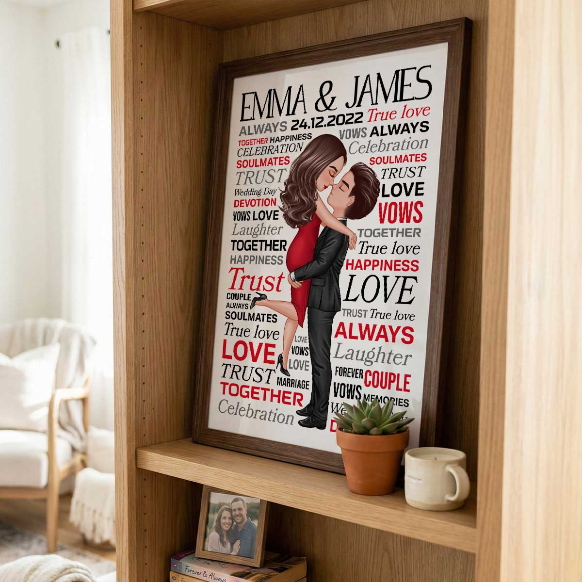 Typography Word Art Couple Hugging Kissing - Personalized Poster - Valentine's Day, Anniversary Gift For Her, Gift For Him
