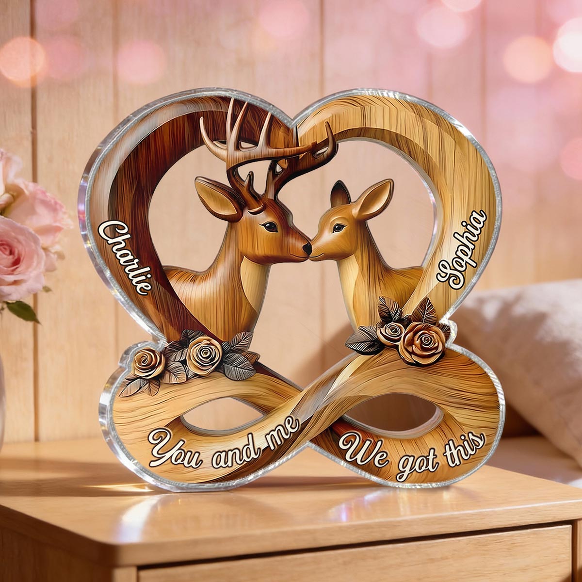 3D Effect Deer Couple Eternal Love - Personalized Acrylic Block Plaque - Gift For Him, Gift For Her
