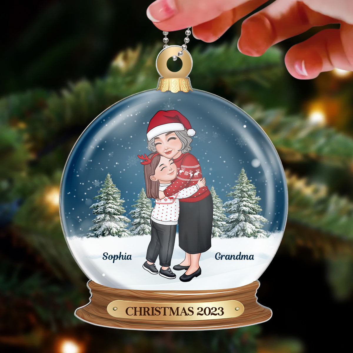 Grandma Hugging Grandkid In Snow Globe Personalized Acrylic Ornament
