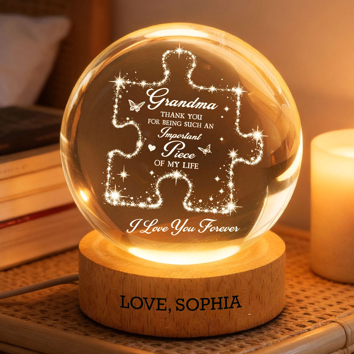 Grandma Thank You Important Piece - Personalized Crystal Ball LED Night Light - Mother's Day Gift For Grandma, Mom
