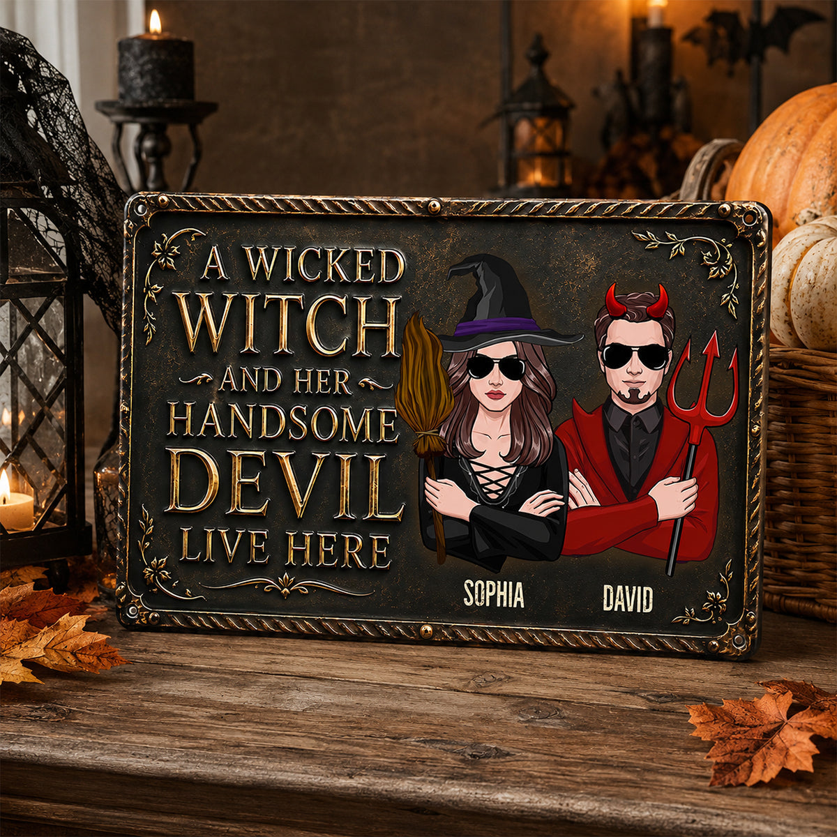 A Wicked Witch and Her Handsome Devil Live Here - Personalized Metal Sign - Halloween Decor for Couples