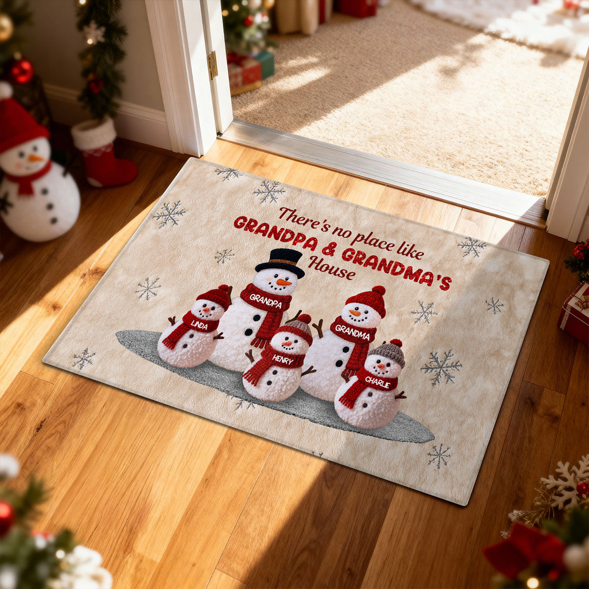 3D Effect Fleece Texture Christmas Grandma Grandkids Snowman Together - Personalized Doormat