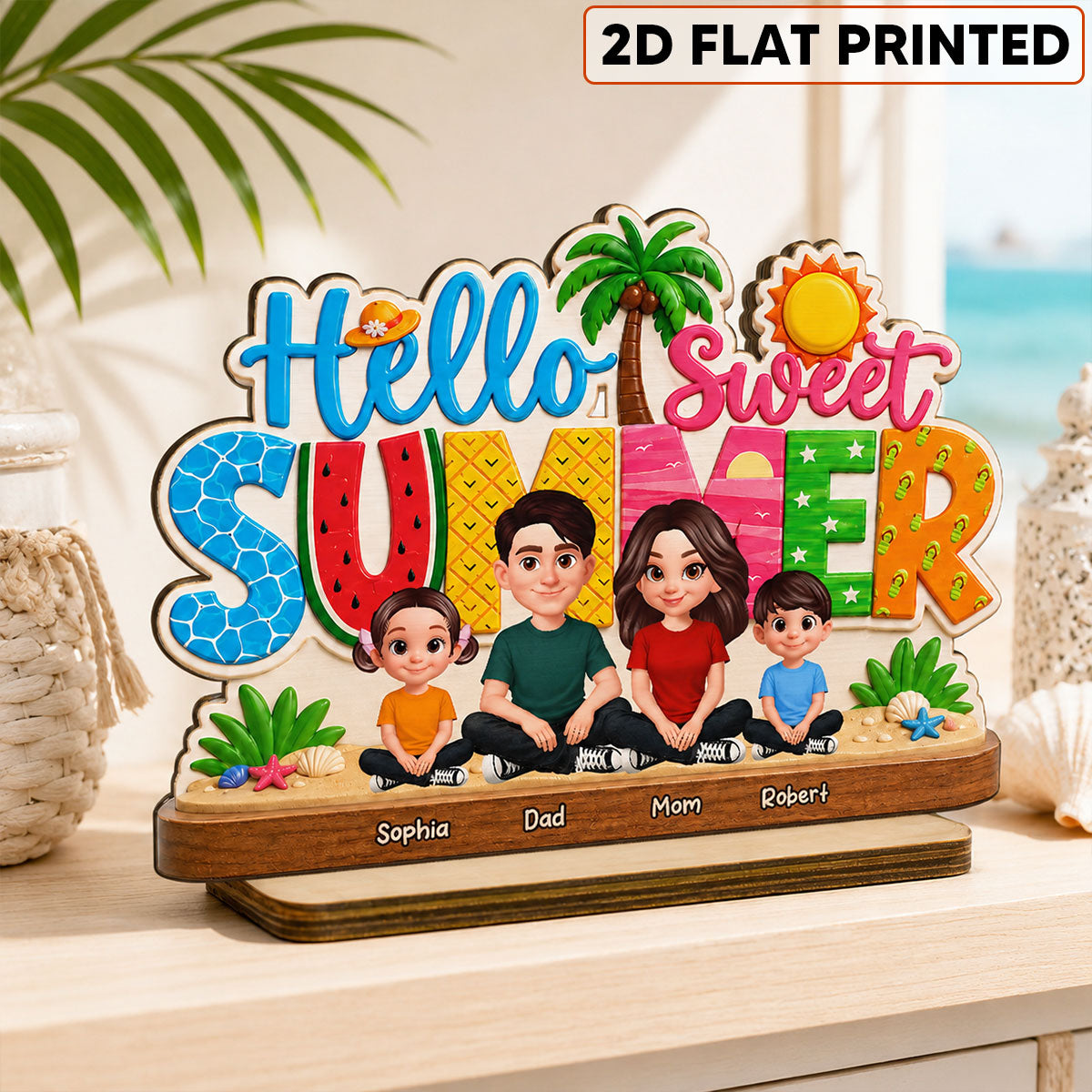 Hello Summer Vibe Family Grandpa Grandma Dad Mom Kids - Personalized 2-Layered Wooden Plaque - Gift For Family, Grandparents, Summer Decoration